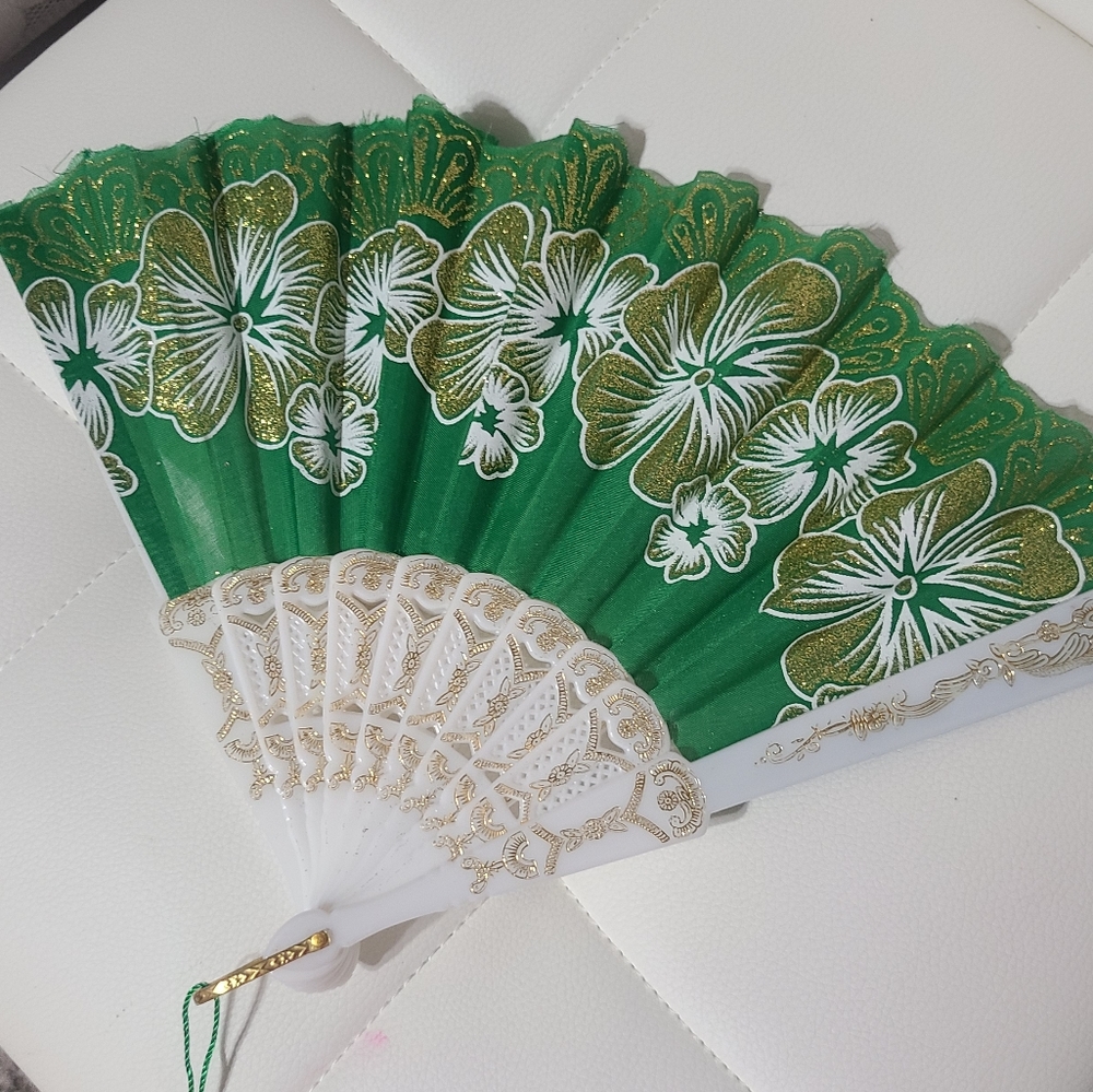 Folding Hand fan flora glitter green